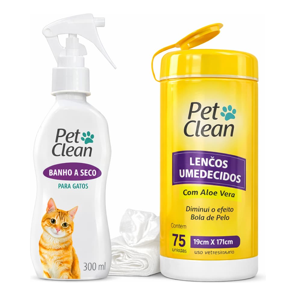 Banho a Seco Gatos Pet Clean + Lenço Umedecido Neutro Limpeza Sem Enxágue Anti Odor Higiene Rápida