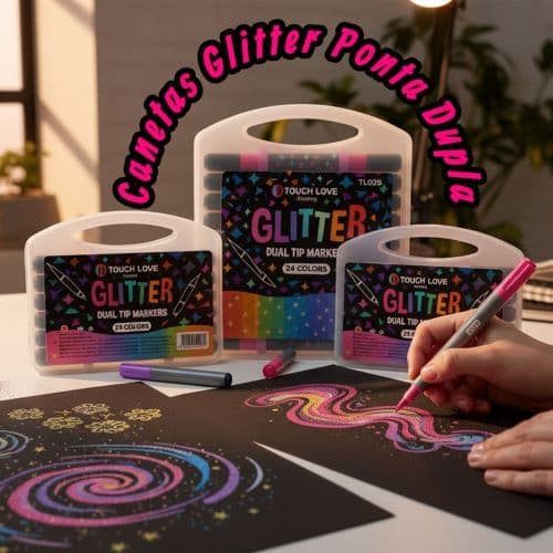 Canetas Caixa Acrílica Cabeça Ponta Dupla Glitter Escolar Marcador Metalizada Tendência 48Und-24Und-12Und Linha Luxo Top