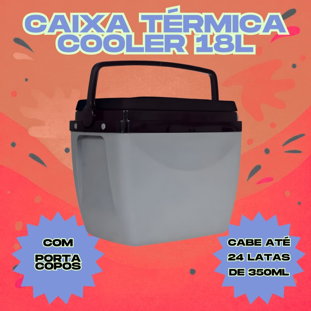 Caixa Térmica Cooler 18 Litros Cinza e Preto Até 24 Latas Com Alça e Porta Copos Camping Praia Mor