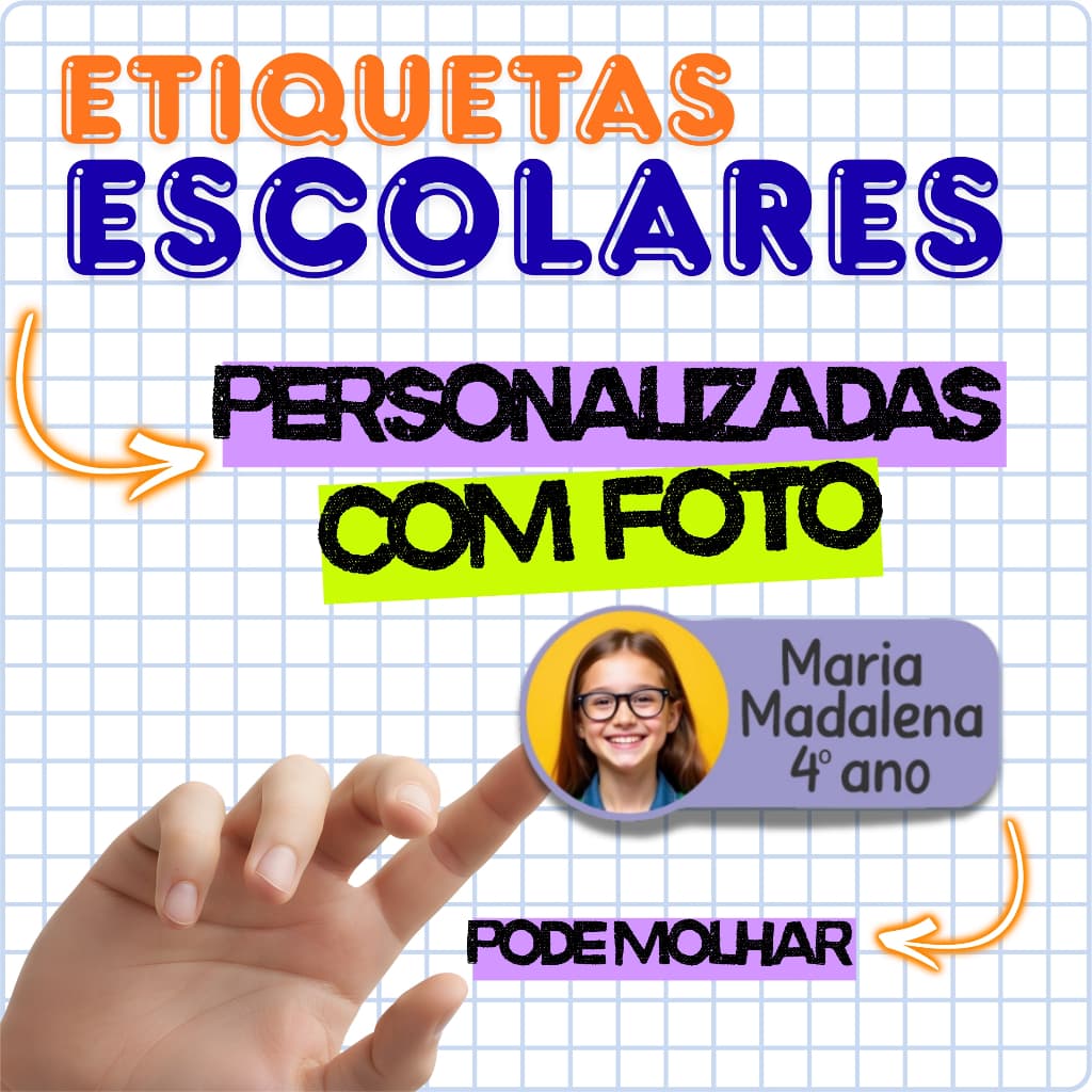 KIT Etiquetas Escolares Personalizadas com Nome e Foto | Vinil PODE MOLHAR