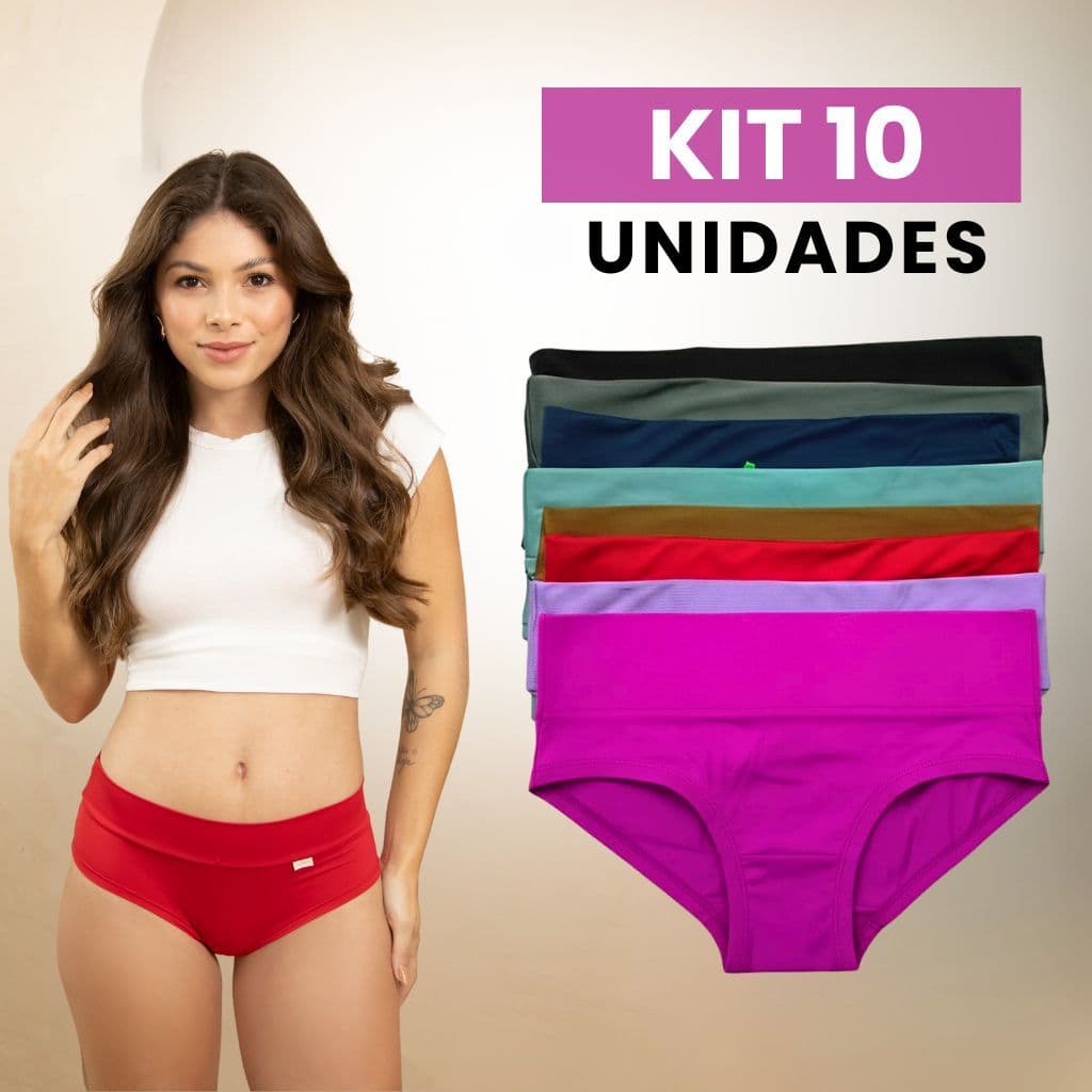 Kit 10 Calcinhas Biquíni Conforto Algodão Poliamida Cós Médio Beleza Brasileira Adulto