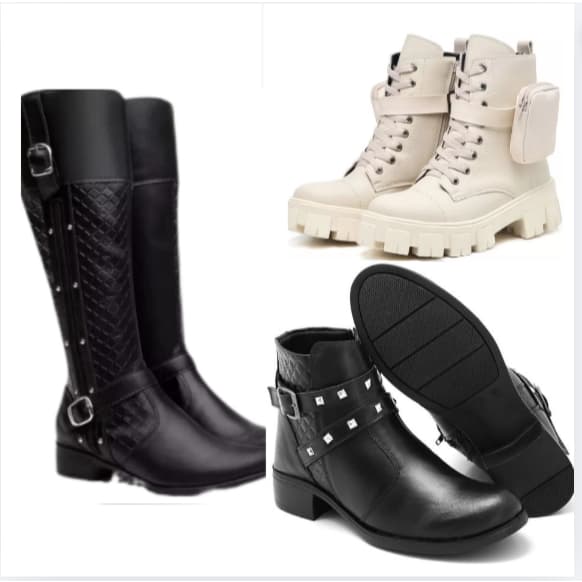 Bota de cano alto preta com correia+bota com bag lateral branca tratorado+bota de conturno preta