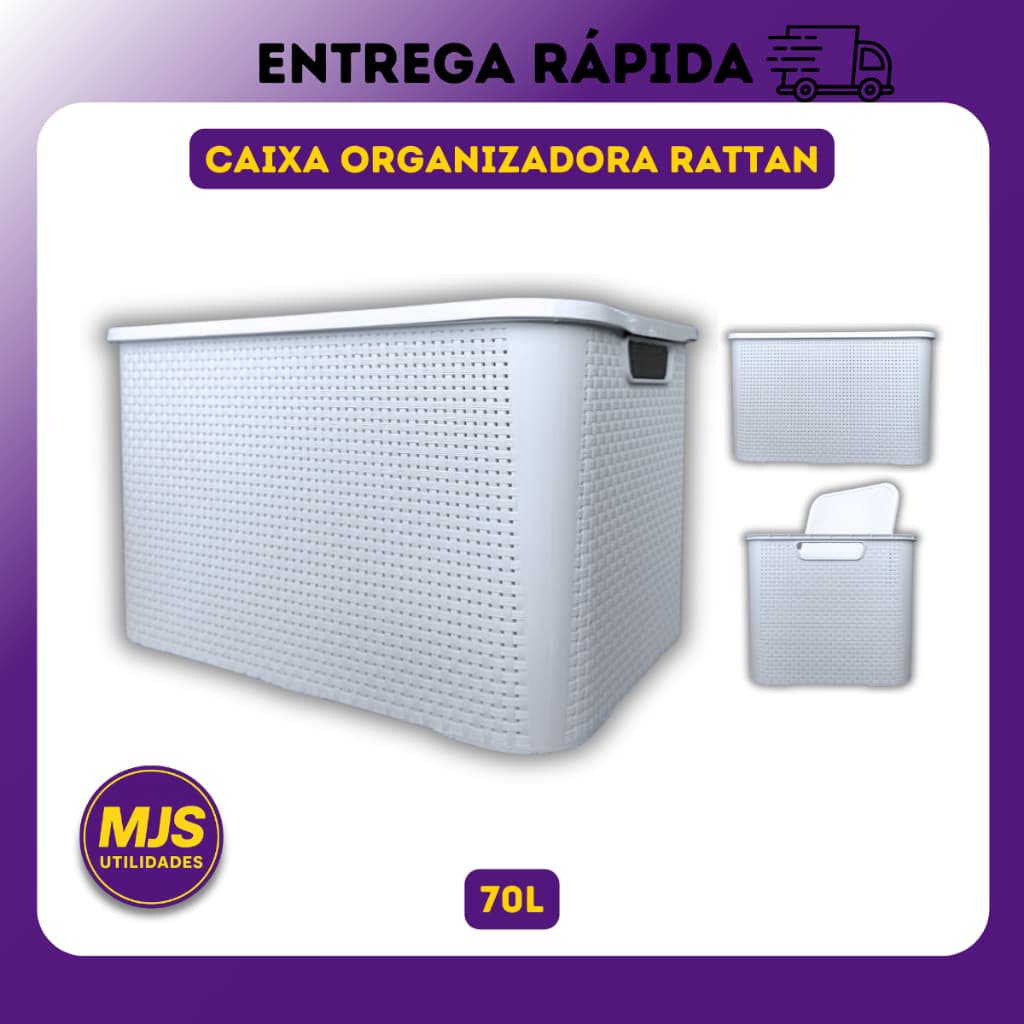 Caixa Organizadora Rattan 70 Litros Cesto Decorativo Organizador Multiuso Grande Plástico Reforçado