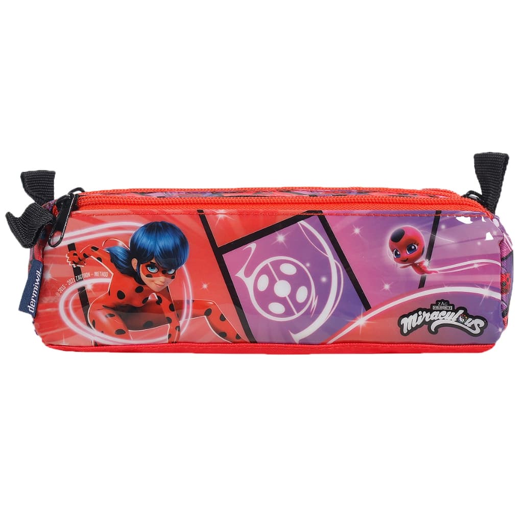 Estojo de Menina Escolar Grande Triplo com 3 Bolsos Miraculous Joaninha Ladybug