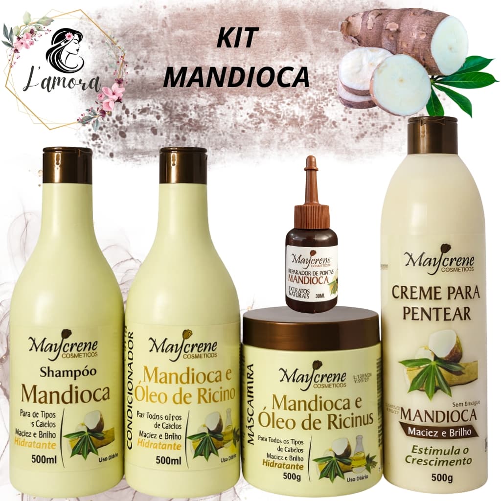 Kit Mandioca Fortalecimento e Nutrição Maycrene (shamp+ cond+masc+creme de pentear+reparador de pontas)