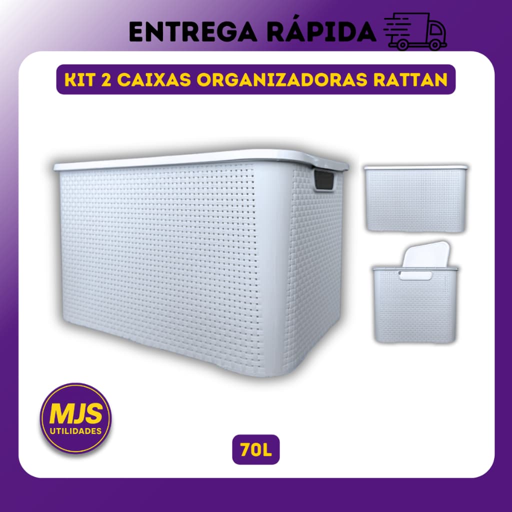Kit 2 x Caixa Organizadora Rattan 70 Litros Cesto Decorativo Multiuso Grande Plástico Reforçado 70L