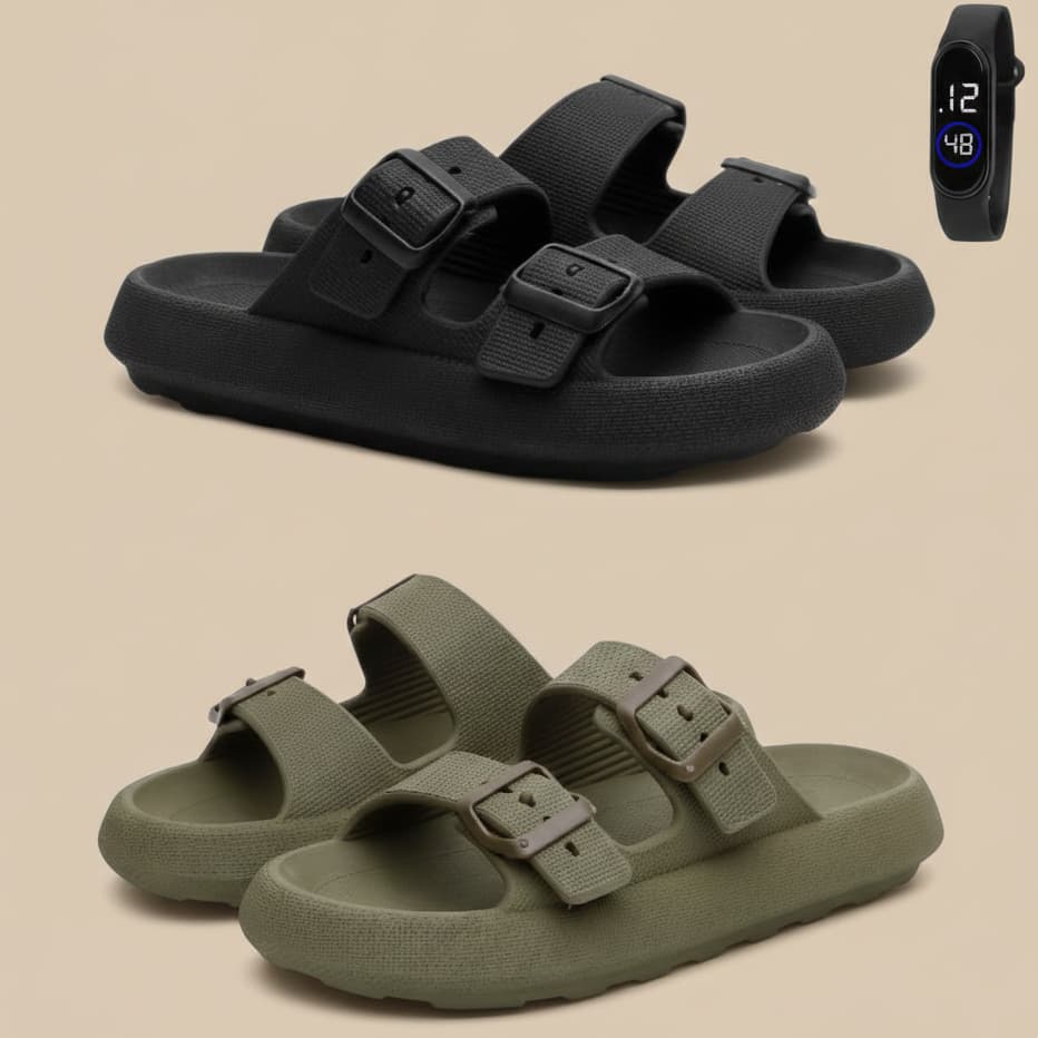 Chinelo Nuvem Confortável Kit 2 Pares Verão E Relógio Led Moderno Barato - Novidade Envio Já