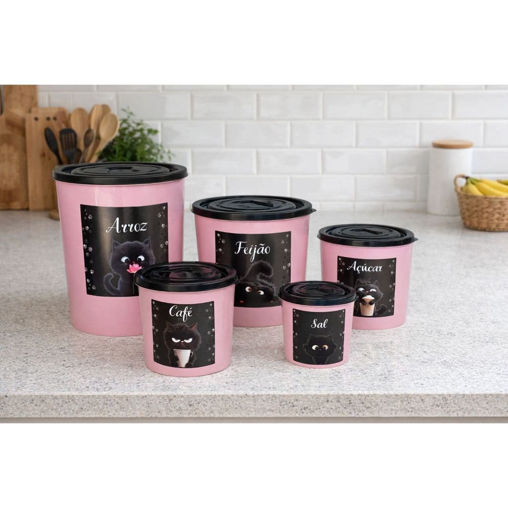 Kit Porta Mantimentos 5 Peças Decoração Potes Cozinha Plástico Decorado