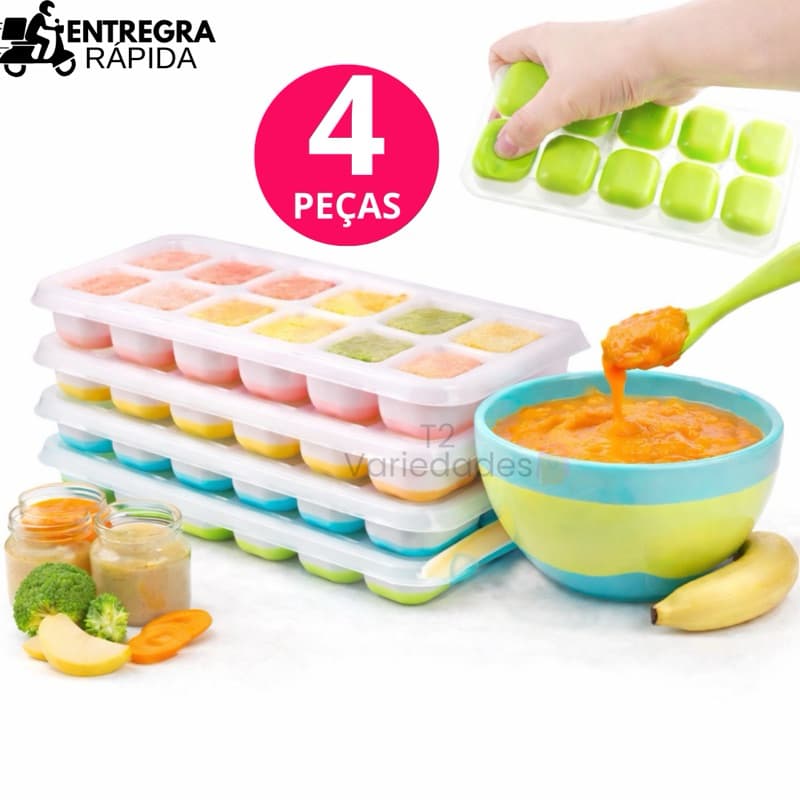 Formas de Gelo Silicone com Tampa Rígida Flexível Fundo 14 Cubos Retangular Multiuso Lavável