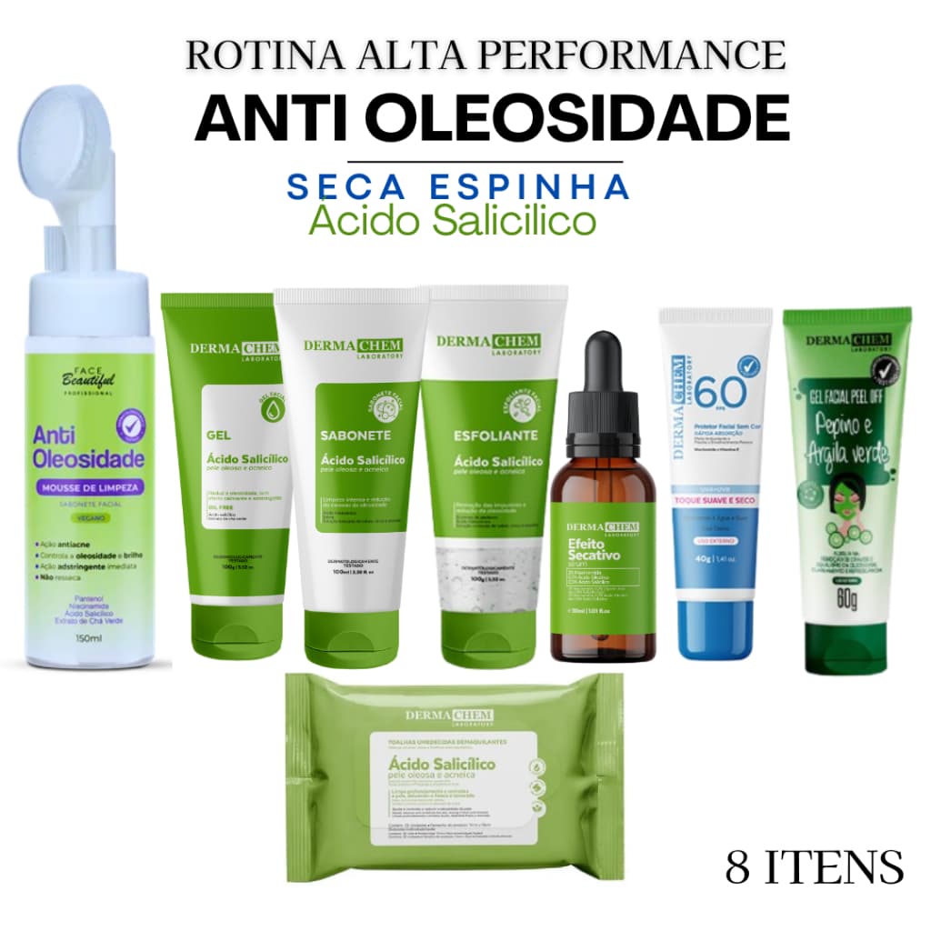 Kit Skincare Anti Acne Alta Performance 8 itens Salicílico anti Oleosidade/Espinhas/Cravos