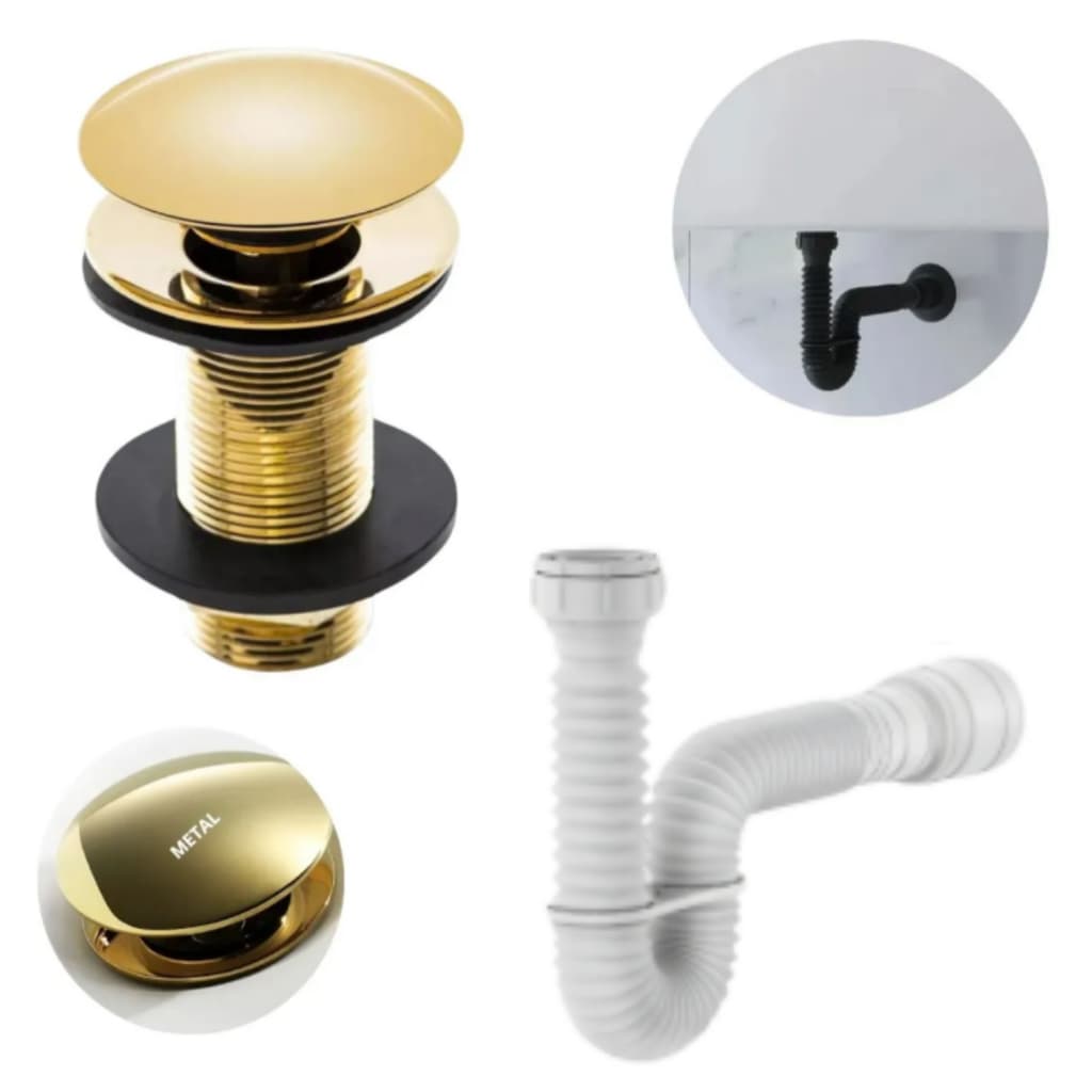 Ralinho Valvula Clic Dourada Em Inox + Sifao Universal 70 Cm, Conjunto Valvula Inox Gold Com Sifao Universal