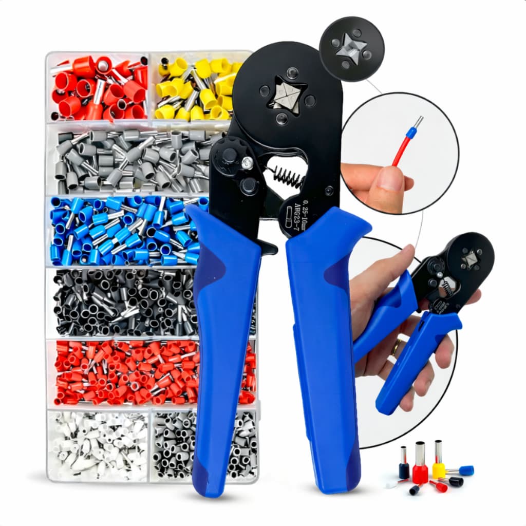 Kit Alicate Crimpar + 1200 Terminais Ilhos + Descascador 0,25 Até 10mm²