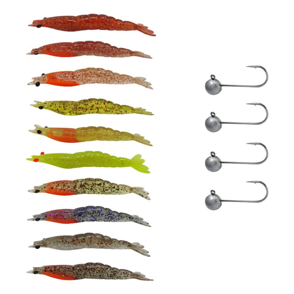 Kit 10pçs Camarão Artificial E 4 Jig Head Robalo Matadeira