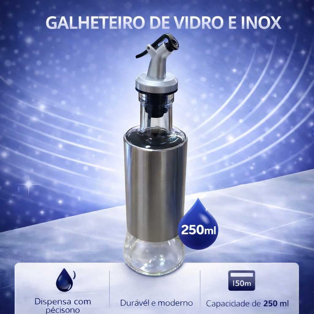 Galheteiro Azeite Vidro Tampa Inox 300ml Dispenser Temperos Funcional