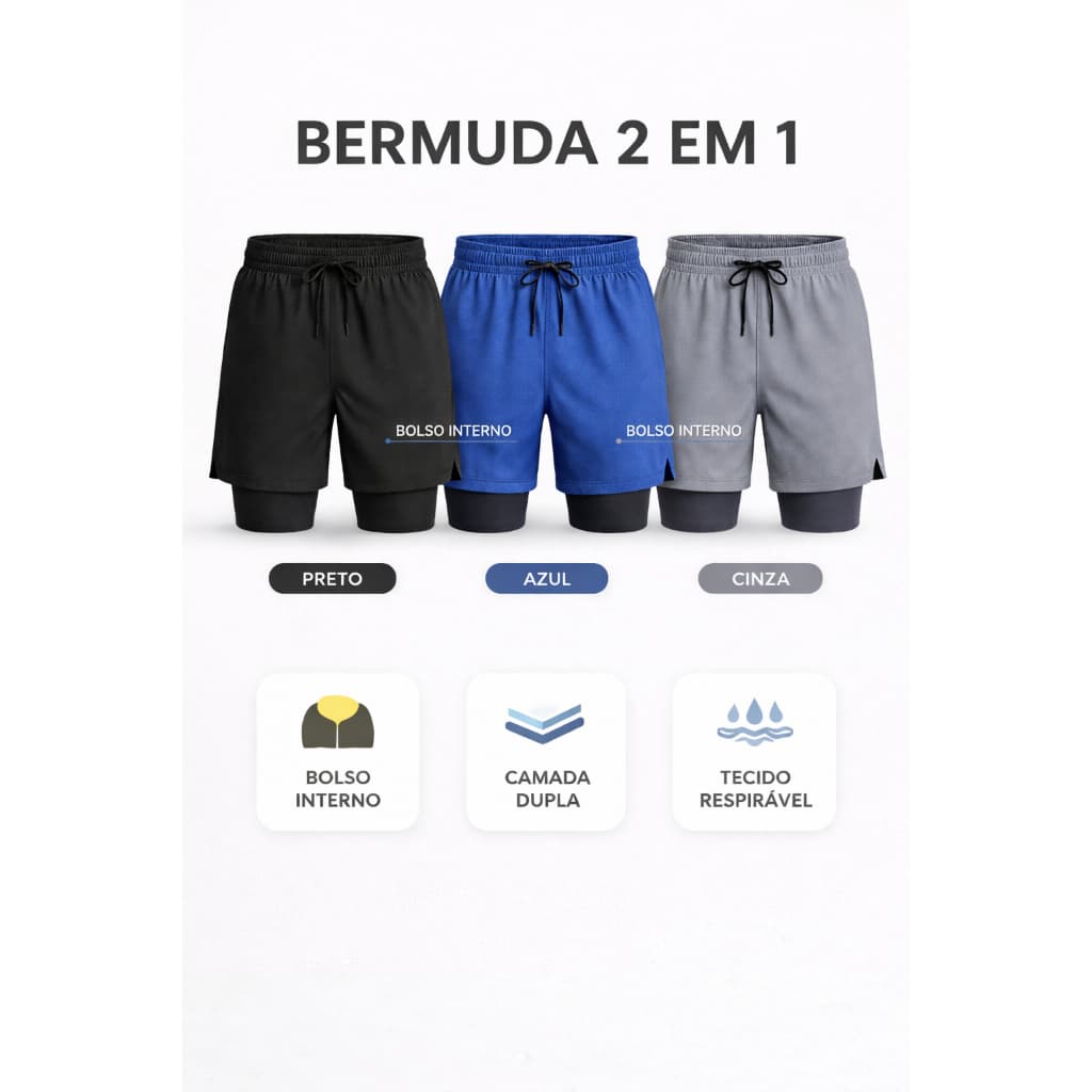 Kit Até 3 Bermudas Masculinas 2 em 1 Premium – Treino, Corrida e Academia | Dupla Camada com Bolso Funcional, Conforto.