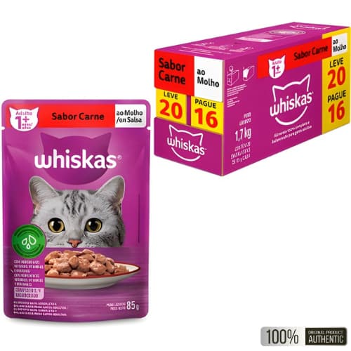 Whiskas Sachê Gato Adulto Carne Ao Molho Leve 20 Pague 16 20x85g Alimento Úmido Completo