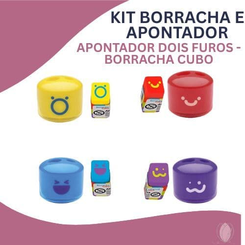 Kit Borracha Cubo + Apontador 2 Furos Infantil Colorido – Escolar Divertido