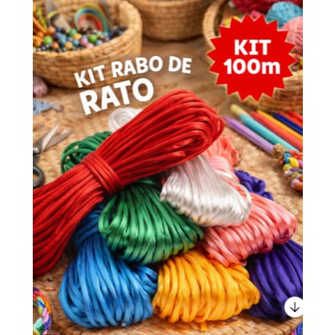 Kit 100 Metros Rabo de Rato Fio de Seda 1mm – 20 Cores Sortidas para Artesanato, Bijuterias e Laços