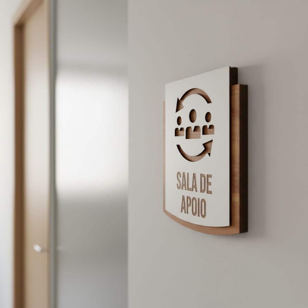 Placa de Sinalização Sala de apoico MDF Alto Relevo 15x13cm Para Porta