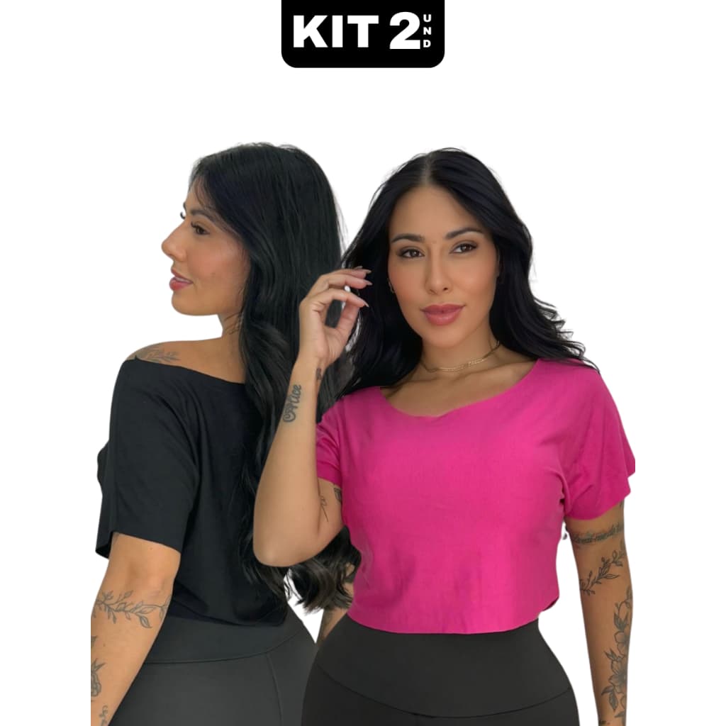 Kit 2 Cropped Feminino Manga Curta Soltinho em Viscose Academia Fitness
