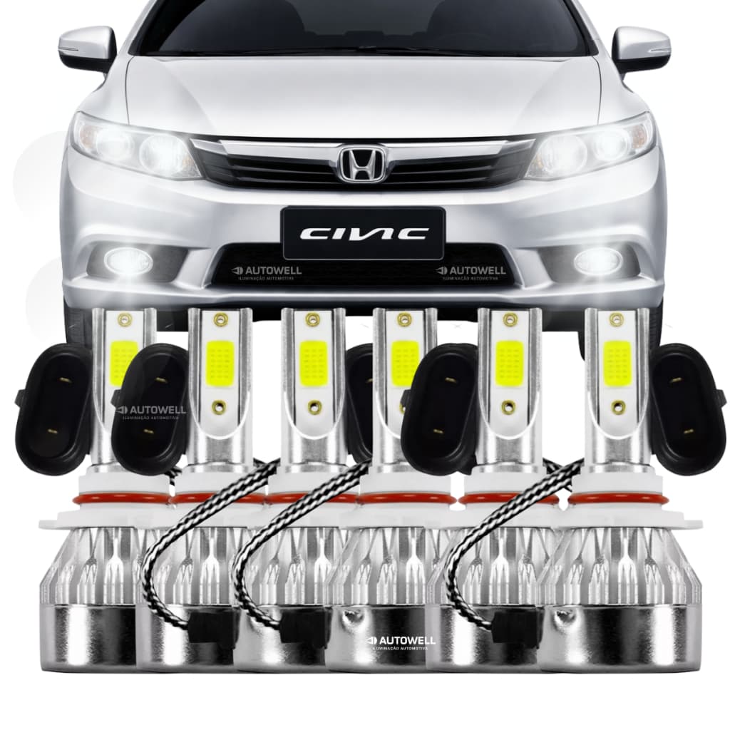 Kit 6 Lâmpadas Super Led Civic 2013 2014 2015 2016 2017 2018 2019 2020 2021 Farol Alto farol Baixo e Farol Milha
