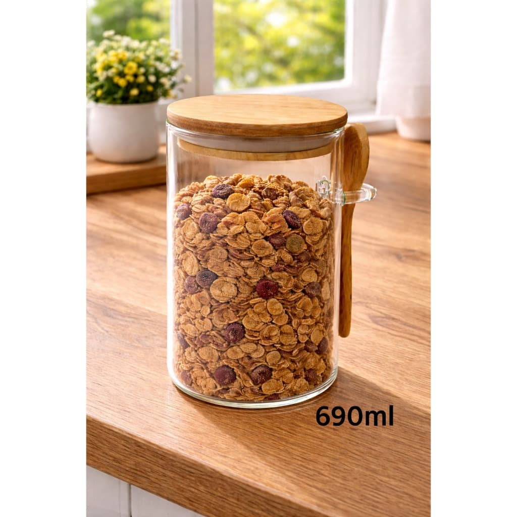 Pote De Vidro Redondo + Colher E Tampa Hermética Bambu 610ml 690ml