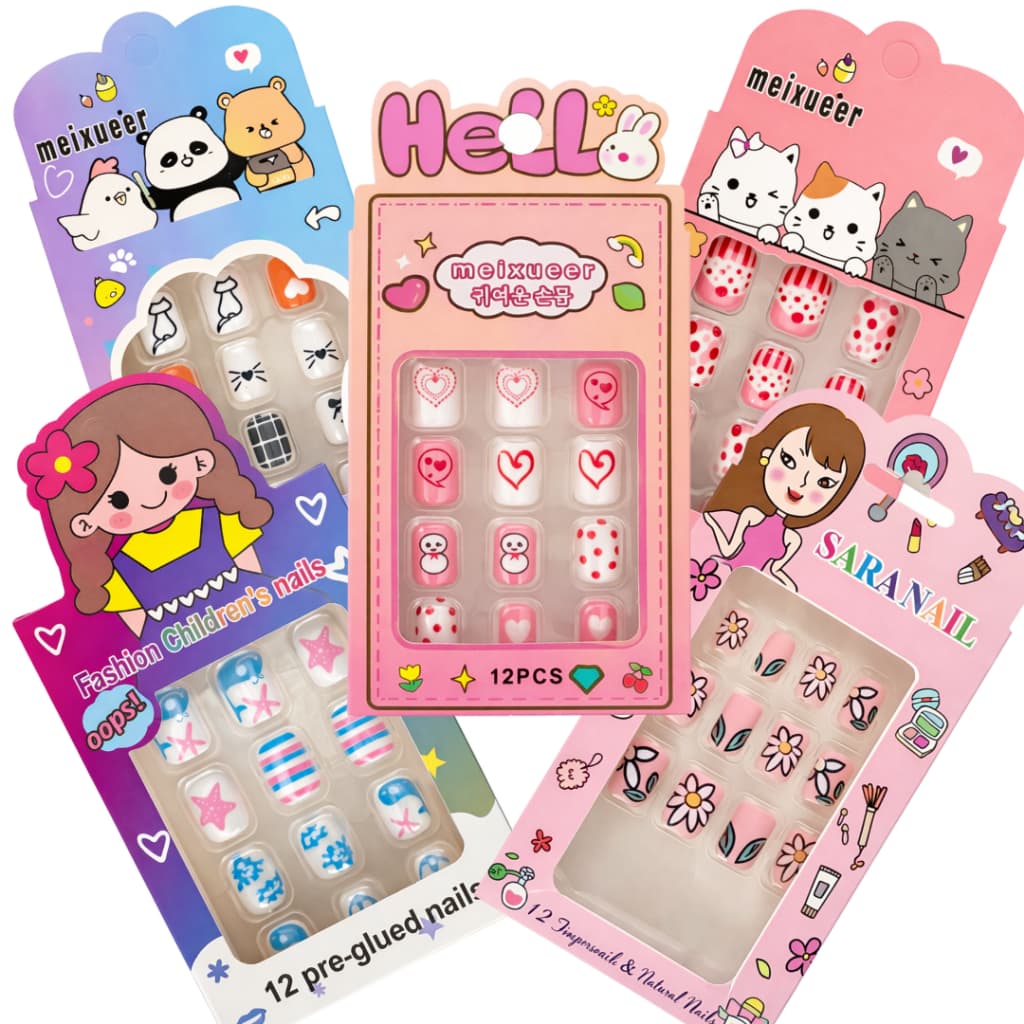 Kit Unhas Mágicas Infantis Unhas Postiças Coloridas com Adesivo Pronto para Meninas