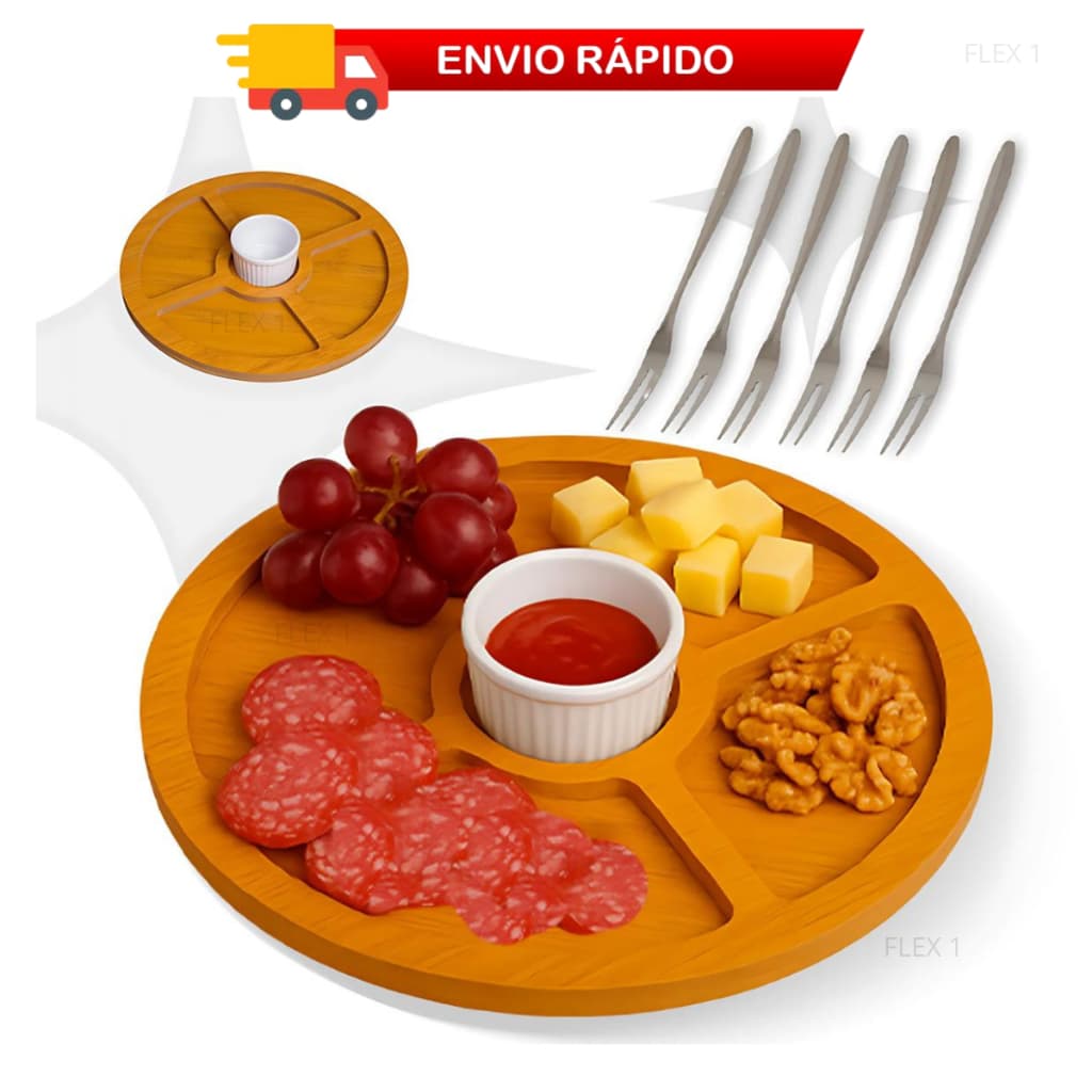 Kit Petisqueira Redonda + 6 Garfos Para Frios e Queijos Ramekin Molheira Gamela MDF Petiscos