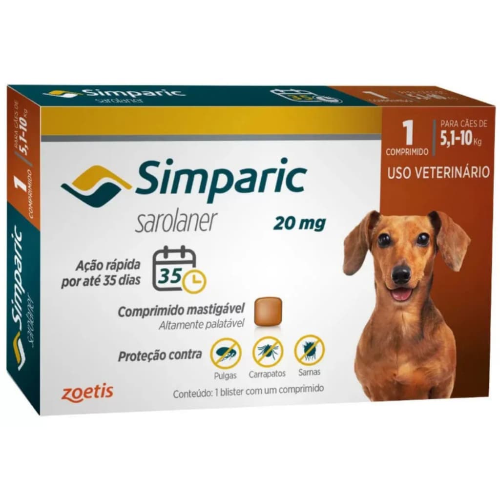 Remédio para Pulgas e carrapatos, Simparic 20mg 5,1 a 10kg - Zoetis