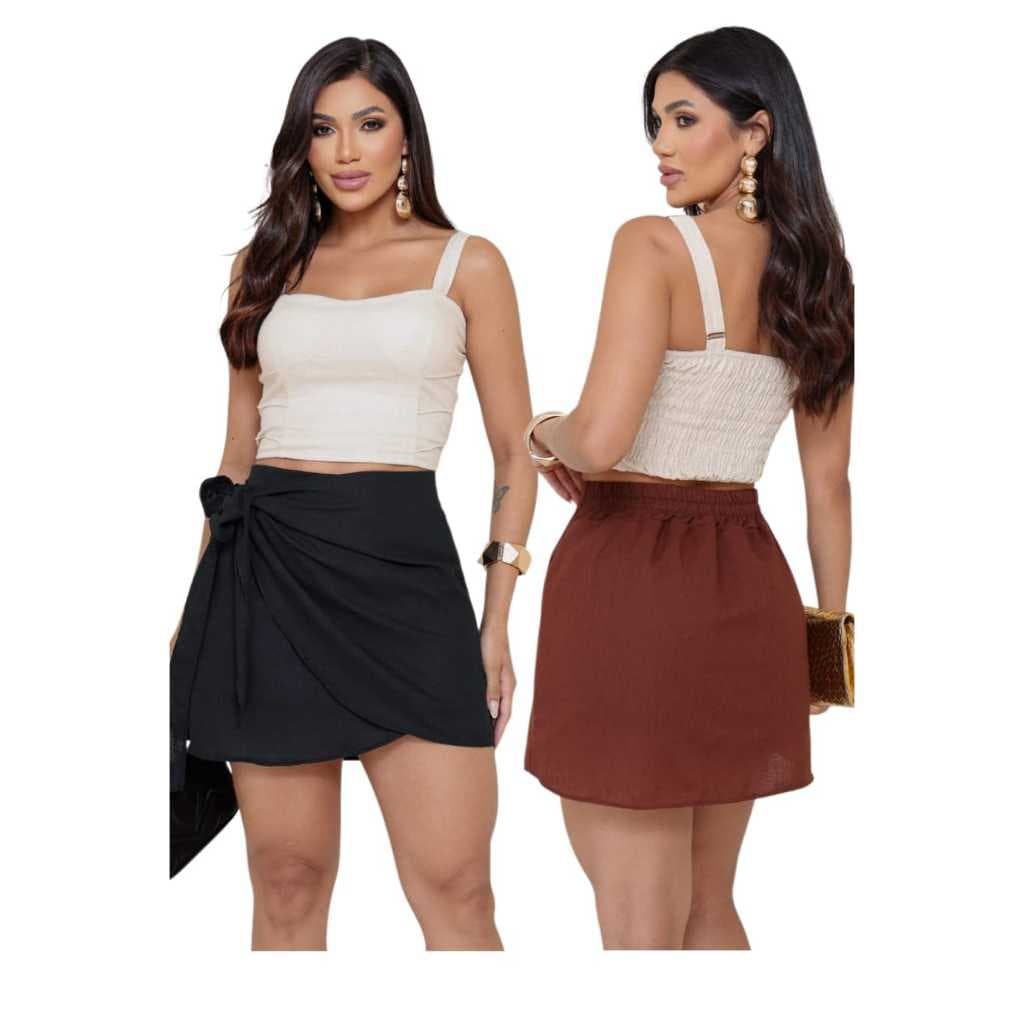 Short-saia Feminino Design Moderno Com Amarração Frontal/Lateral Tecido Linho