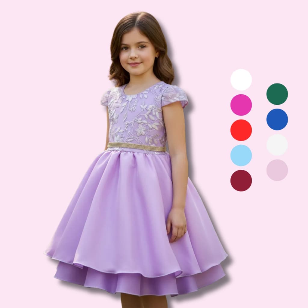 Vestido Juvenil Curto Bordado Saia Lisa Com Cinto Dourado