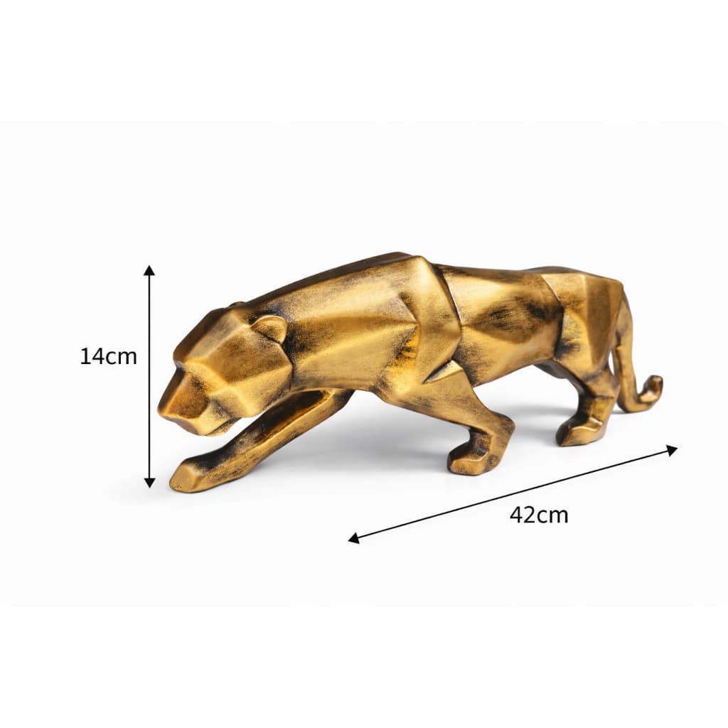 Pantera Onça Decorativa em Gesso Dourado Envelhecido Arte Decorativa Luxo 42cm