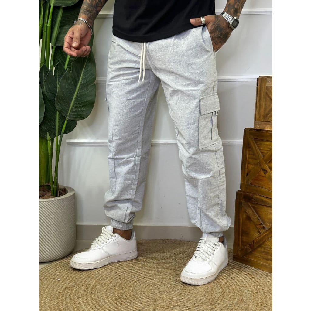 Calça Jogger Masculina Linho Tendencia Street Bolso Cargo Descolada Bolsos