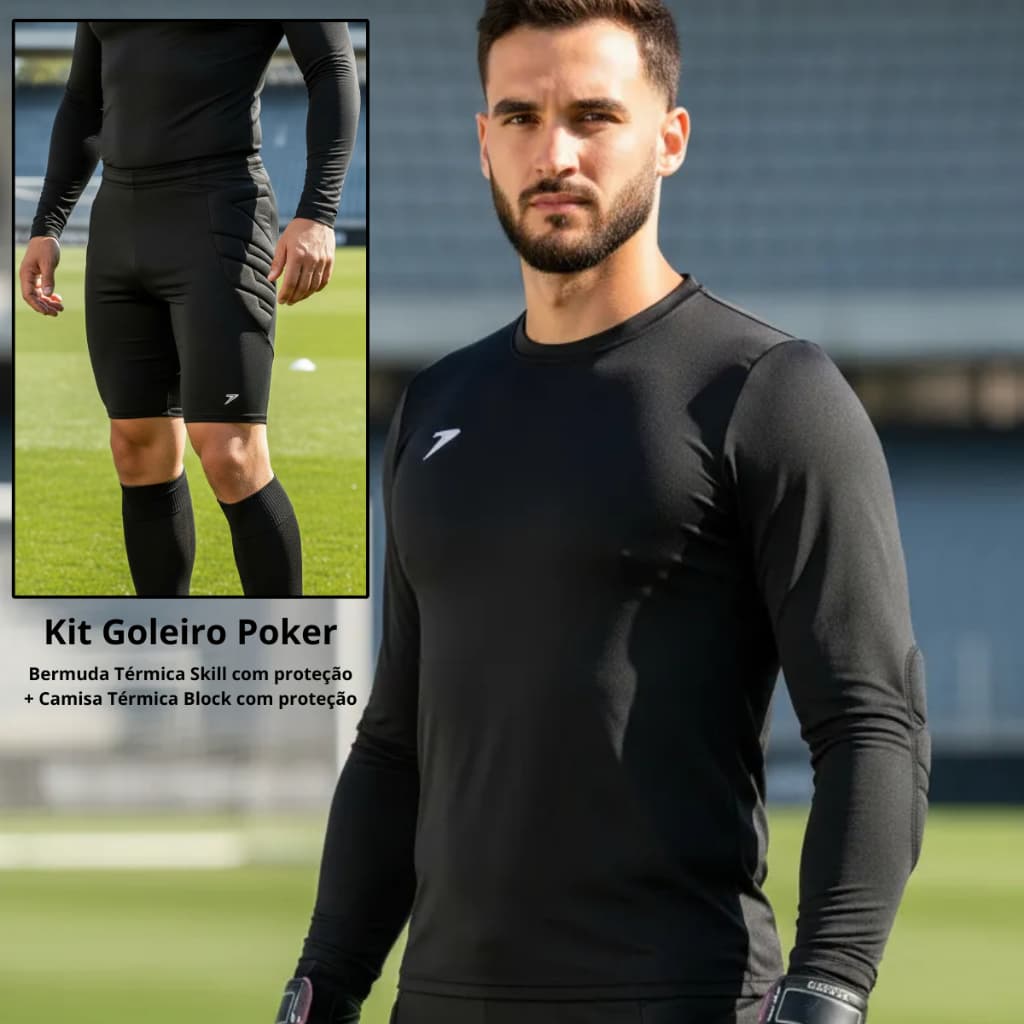 Kit Bermuda Térmica Goleiro Futebol com proteção lateral Skill + Camisa Goleiro Poker Block Futsal