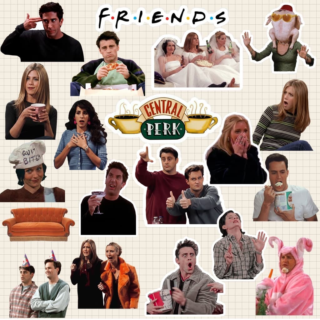 Kit 20 Adesivos Friends Joey Rachel Ross Monica Phoebe Vinil À Prova d'água garrafa kindle caderno capa celular