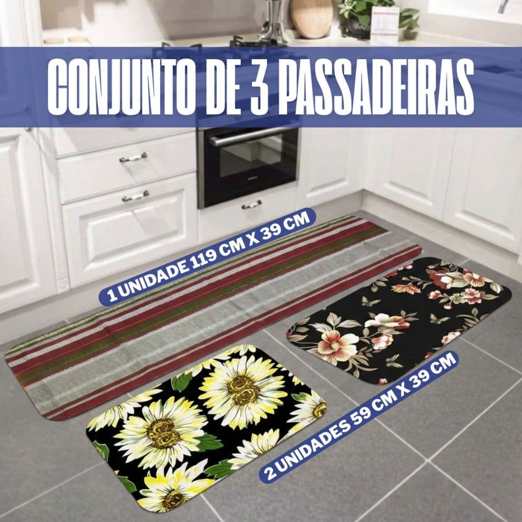 Conjunto de Tapetes de Cozinha 2 e 3 Peças Antiderrapantes Antimofo Estampados Estreitos Poliéster