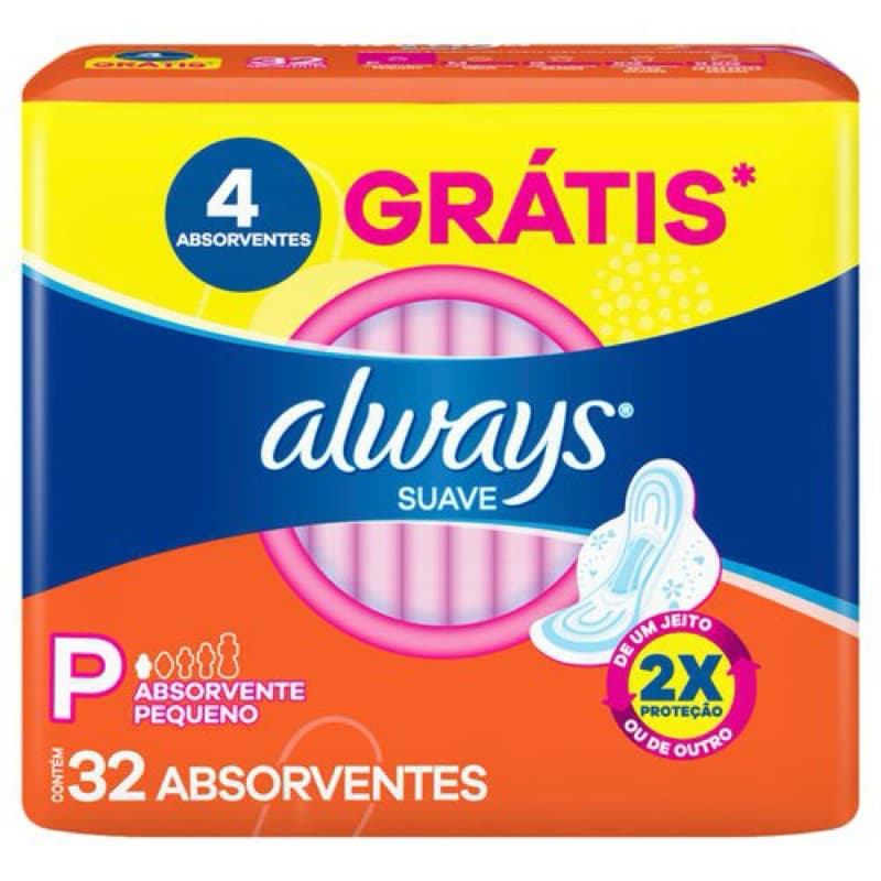 Absorvente com Abas Suave Always promoção tamanho P Pacote 32 Unidades Grátis 4 Unidades