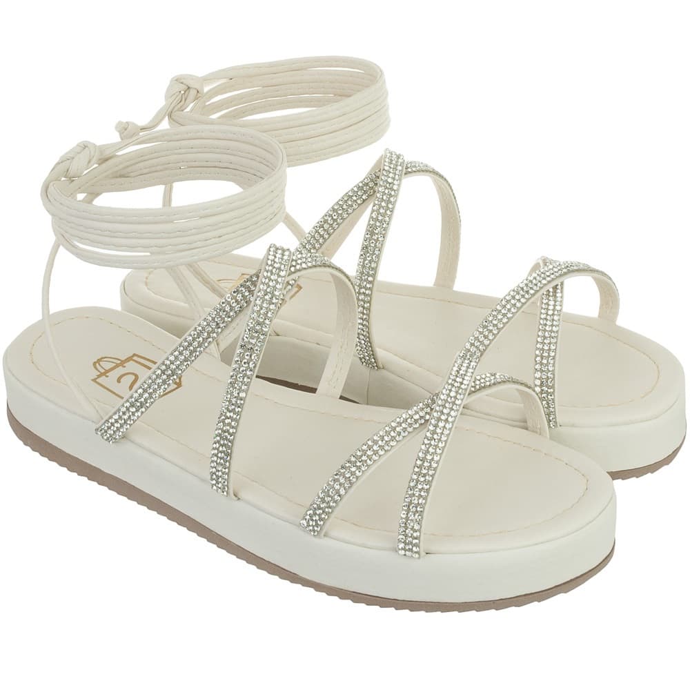 Sandália Feminina Flat Amarração Confortável Macia Papete Faltform Brilho Strass Promoção Moda