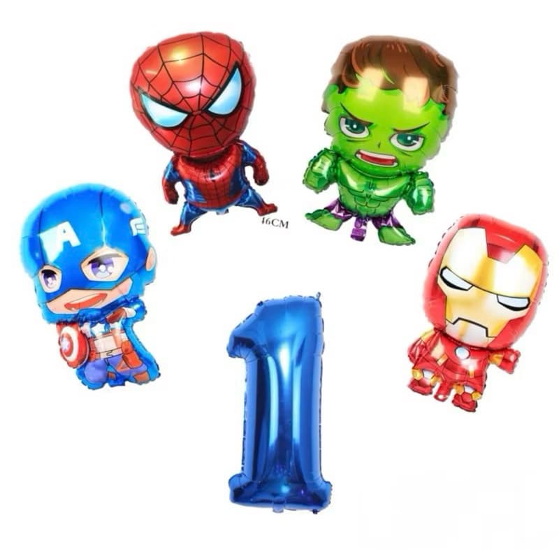kit C/4 Balões Metalizado Vingadores Homem Aranha/Homem De Ferro/Capitão América/Hulk 70Cm+Numero 40Cm
