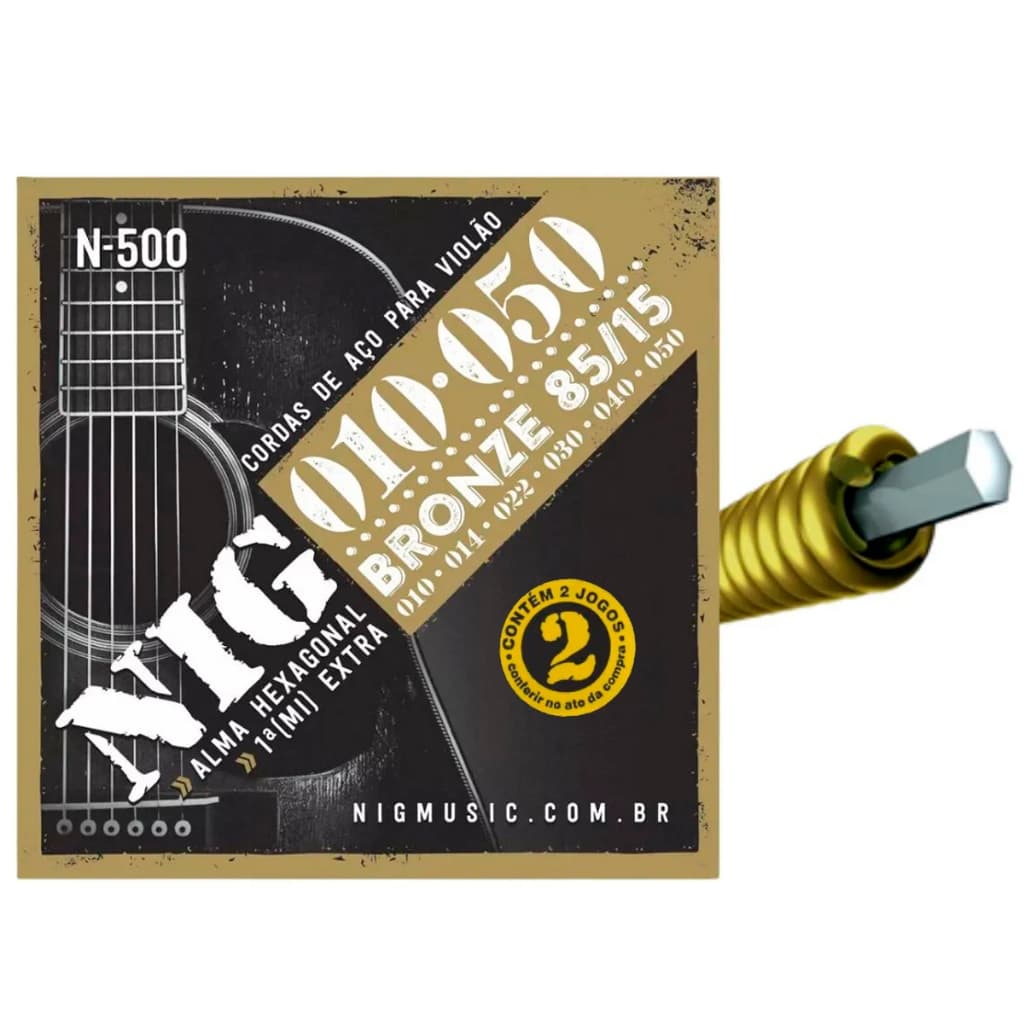 Kit 2 Encordoamento 010 / 050 Violão Aço Bronze NIG N500