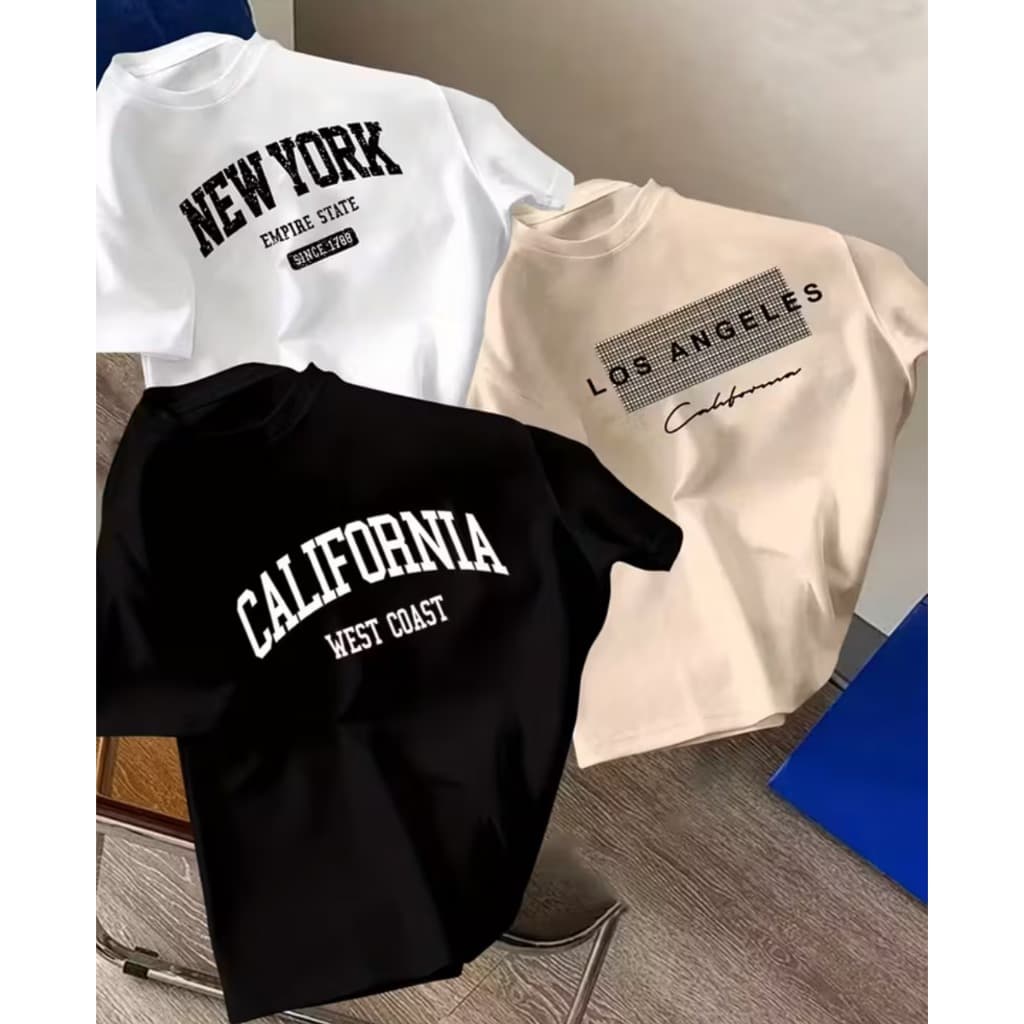 Kit 3 Camisetas Infantis Cores Básicas Califórnia Manga Curta Algodão Estampada Los Angeles Meninos