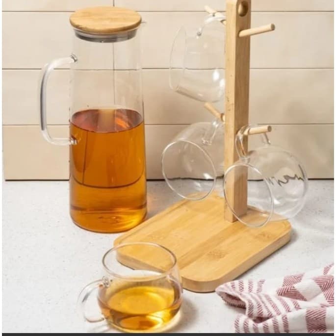 Suqueira De Vidro 1,5l Tampa Bambu C/ 4 Canecas E Bandeja Cor Transparente