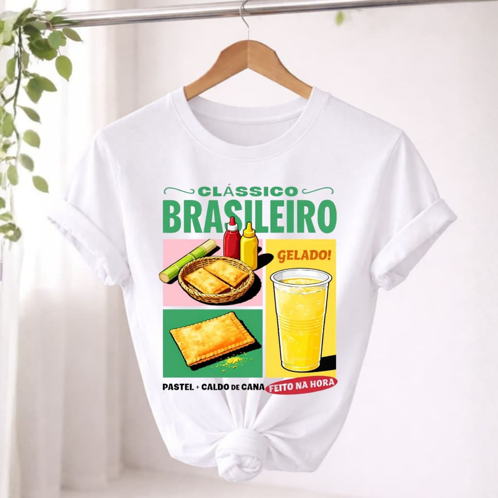 Camiseta Unissex  Brasileira Soltinha Pastel da Feira e Caldo de Cana 100% Algodão