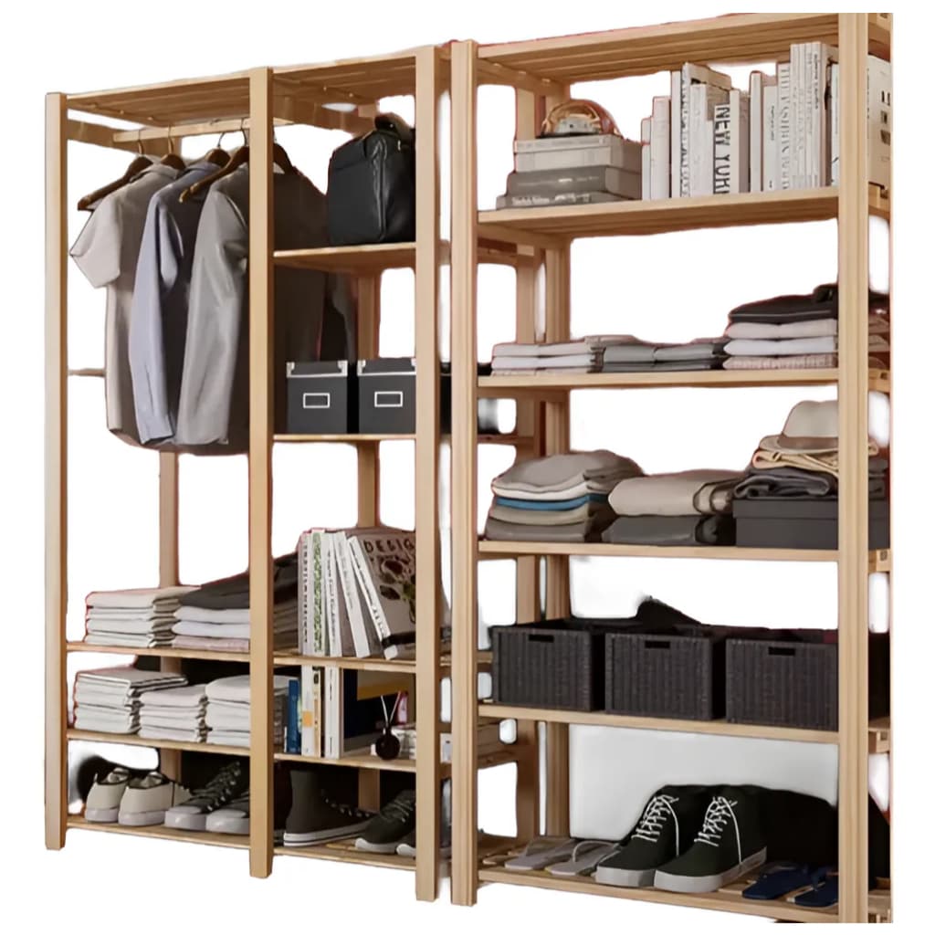 Kit Estante Cabideiro com Sapateira + Estante Multiuso 6 Prateleiras em Madeira Pinus Natural Para Quarto Closet