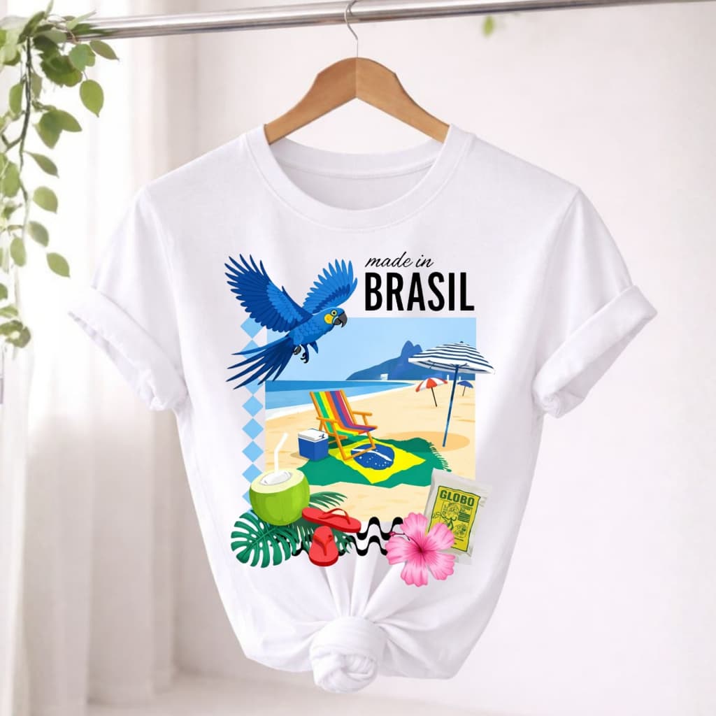 Camiseta Estilosa Unissex Soltinha Brasil Tropical Arara Azul Praia Copacabana 100% Algodão