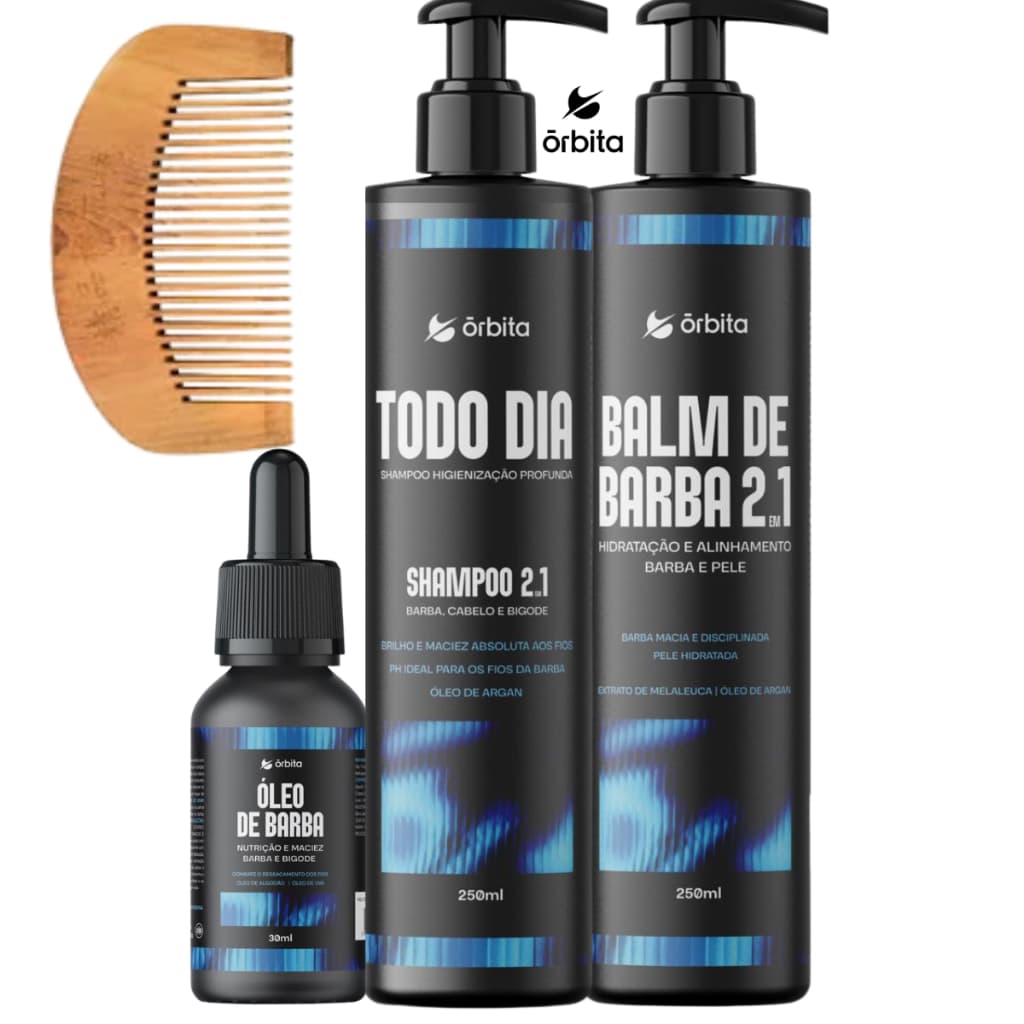 Kit  Barba Shampoo Balm Óleo Nutritivo e Pente de Madeira Orbita