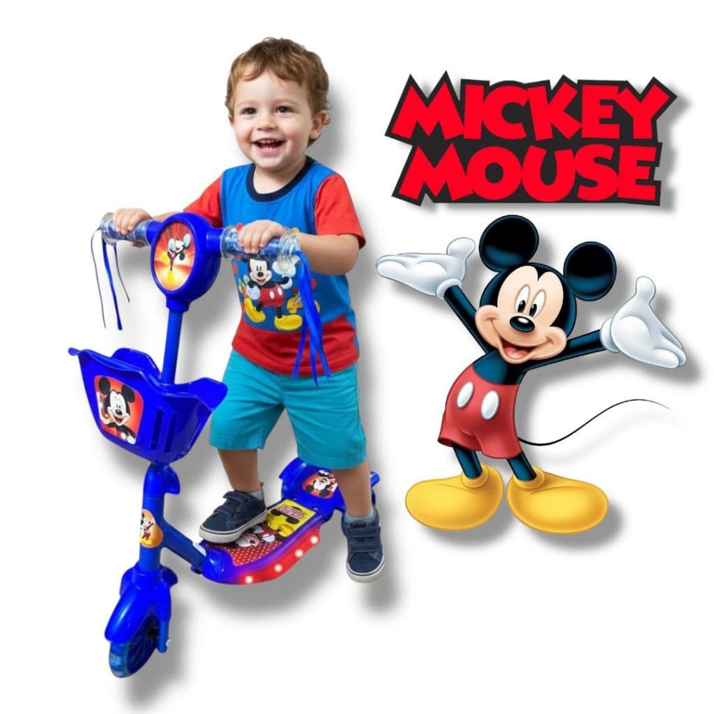 Patinete Infantil Mickey Mouse Musical Cesta Luzes 3 Rodas