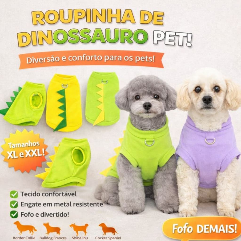 Roupinha pet dinossauro, macho e femea