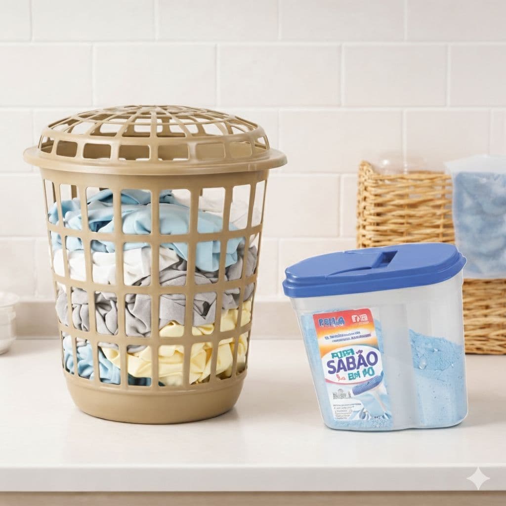 Kit Cesto de Roupa 30 Litros Telado + Porta Sabão 1kg Tampa Dosadora Organizador Lavanderia Banheiro
