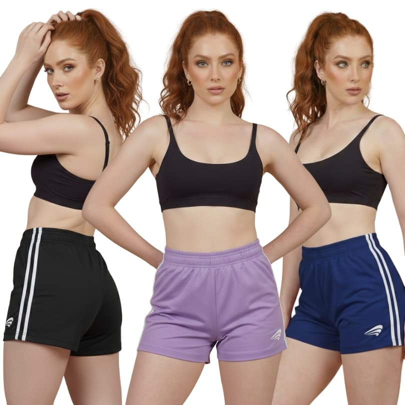 Kit 3 Short Tactel Feminino Listras Laterais Moda Fashion para Exercício Físico Academia